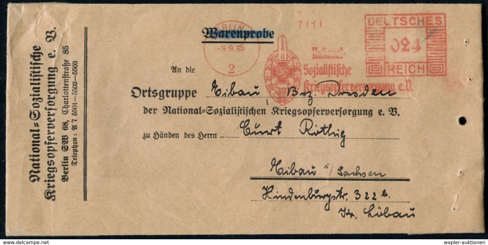 BERLIN C/ 2/ National-/ Sozialistische/ Kriegsopferversorgung E.V. 1935 (9.9.) AFS 024 Pf. = NSKOV-Emblem Mit Hakenkreuz - Autres & Non Classés