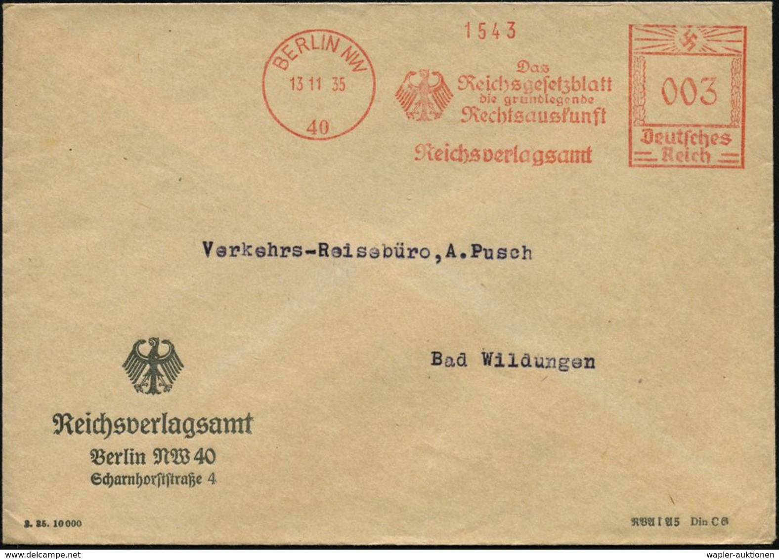 BERLIN NW/ 40/ Das/ Reichsgesetzblatt/ D.grundlegende/ Rechtsauskunft/ Reichsverlagsamt 1935 (13.11.) AFS Noch Mit Weima - Autres & Non Classés