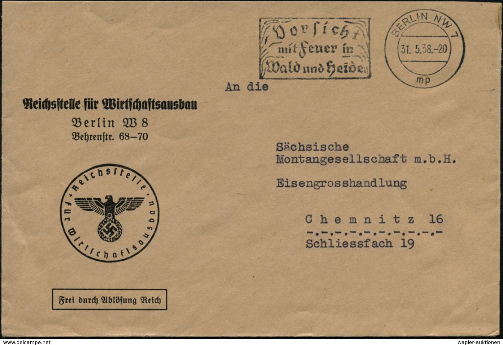 BERLIN NW7/ Mp/ Vorsicht/ Mit Feuer In/ Wald U.Heide 1938 (31.5.) MWSt Auf Dienst-Bf.: Reichsstelle Für Wirtschafts-ausb - Autres & Non Classés