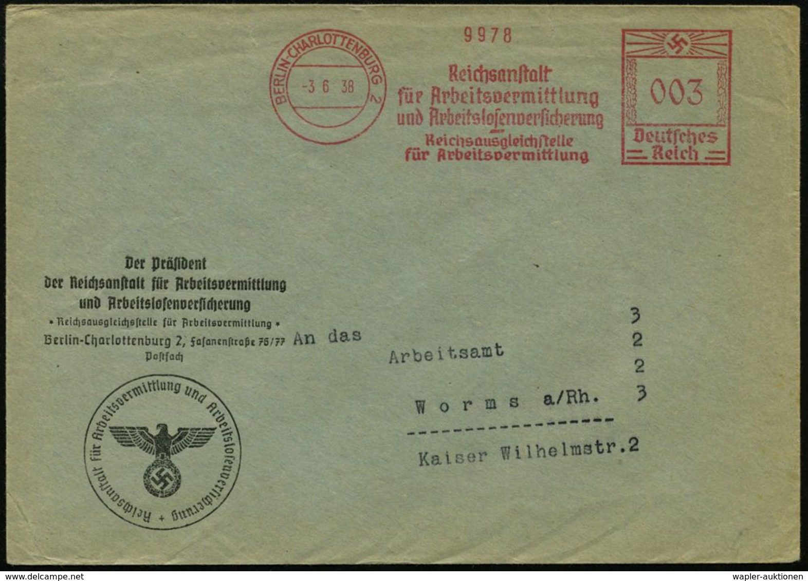 BERLIN-CHARLOTTENBURG 2/ Reichsanstalt/ Für Arbeitsvermittlung/ U.Arbeitslosenversicherung/ Reichsausgleichsstelle.. 193 - Sonstige & Ohne Zuordnung