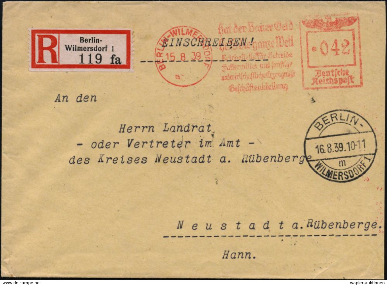 BERLIN-WILMERSDORF/ Hat Der Bauer Geld/ Hat's Die Ganze Welt/ Reichsstelle Für Getreide/  Futter-mittel.. 1939 (15.8.) A - Autres & Non Classés