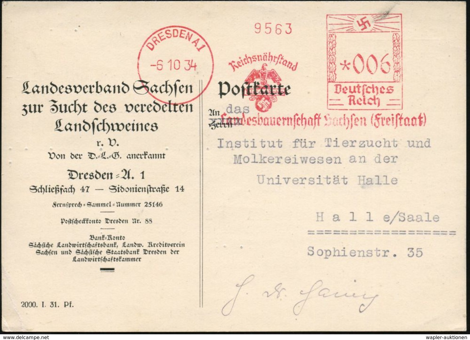 DRESDEN A1/ Reichsnährstand/ Blut U.Boden/ Landesbauernschaft Sachsen (Freistaat) 1934 (6.10.) Sehr Seltener, Ungenormte - Autres & Non Classés