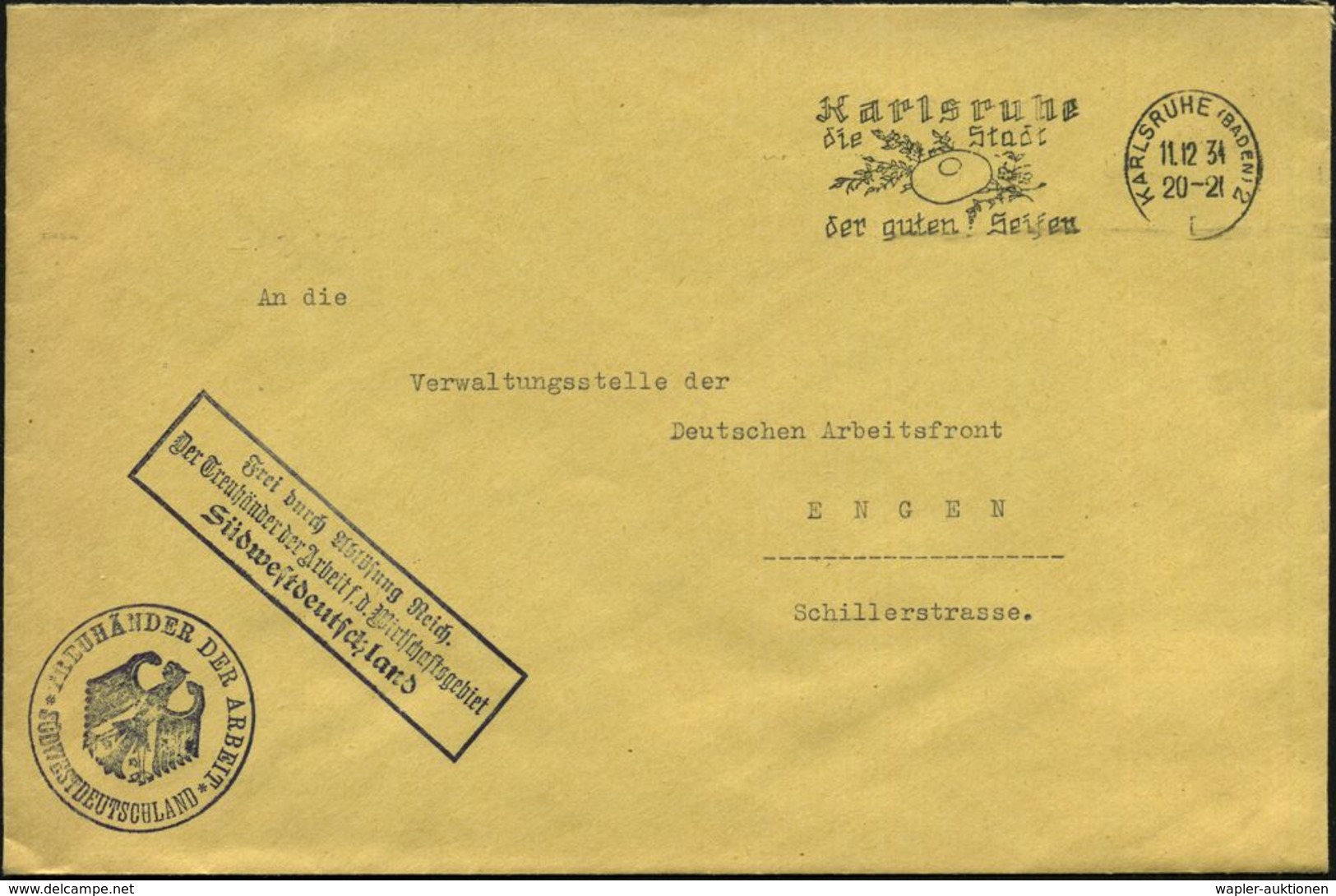 KARLSRUHE (BADEN) 2/ I/ Die Stadt/ Der Guten Seifen 1934 (11.12.) MWSt + Bl. Ra.3: Frei Durch Ablösung Reich/Der Treuhän - Autres & Non Classés