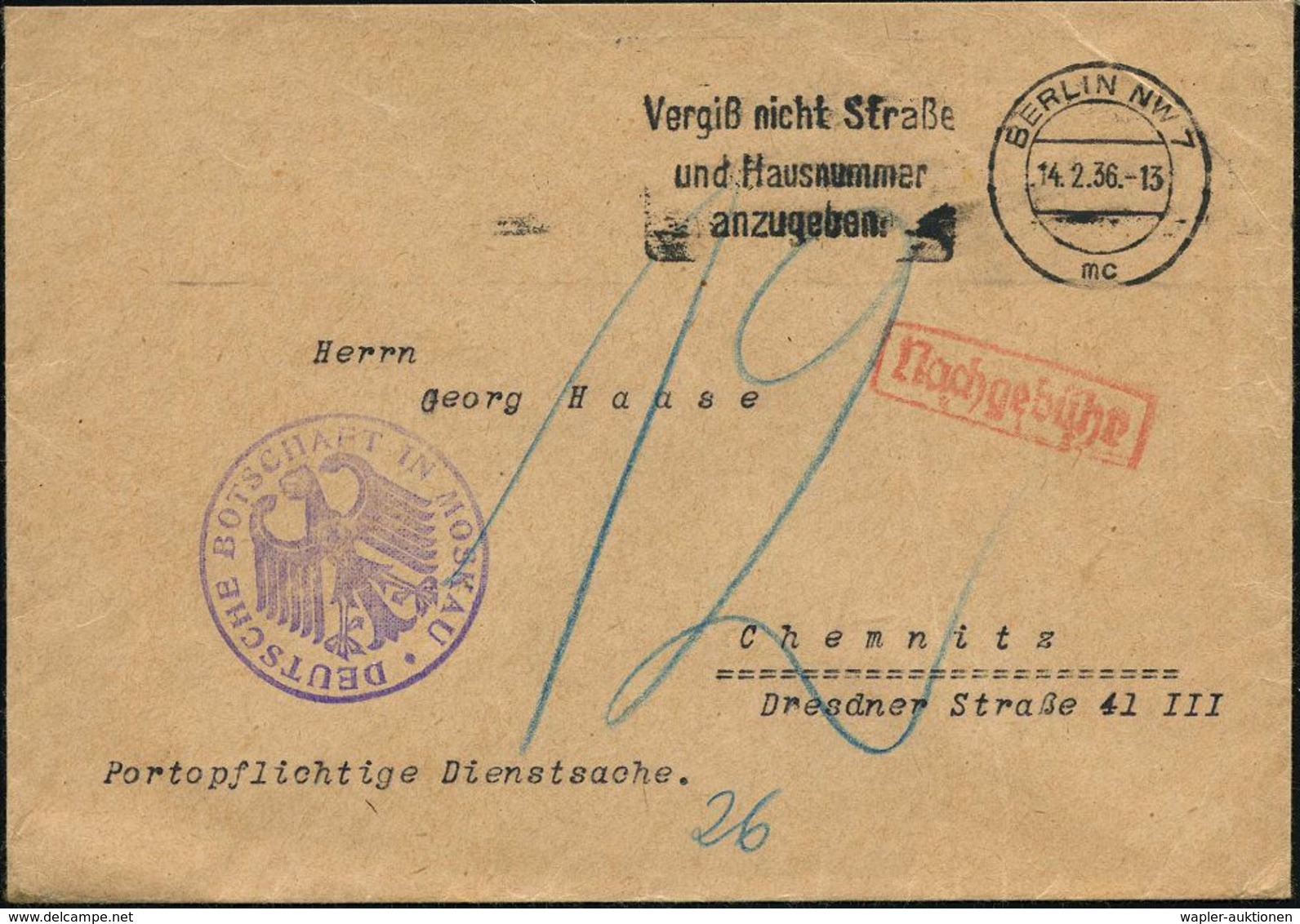 BERLIN NW 7/ Mc/ Vergiß Nicht Straße/ U.Hausnummer.. 1936 (14.2.) MWSt + Viol. 1K-HdN: DEUTSCHE BOTSCHAFT IN MOSKAU (noc - Autres & Non Classés