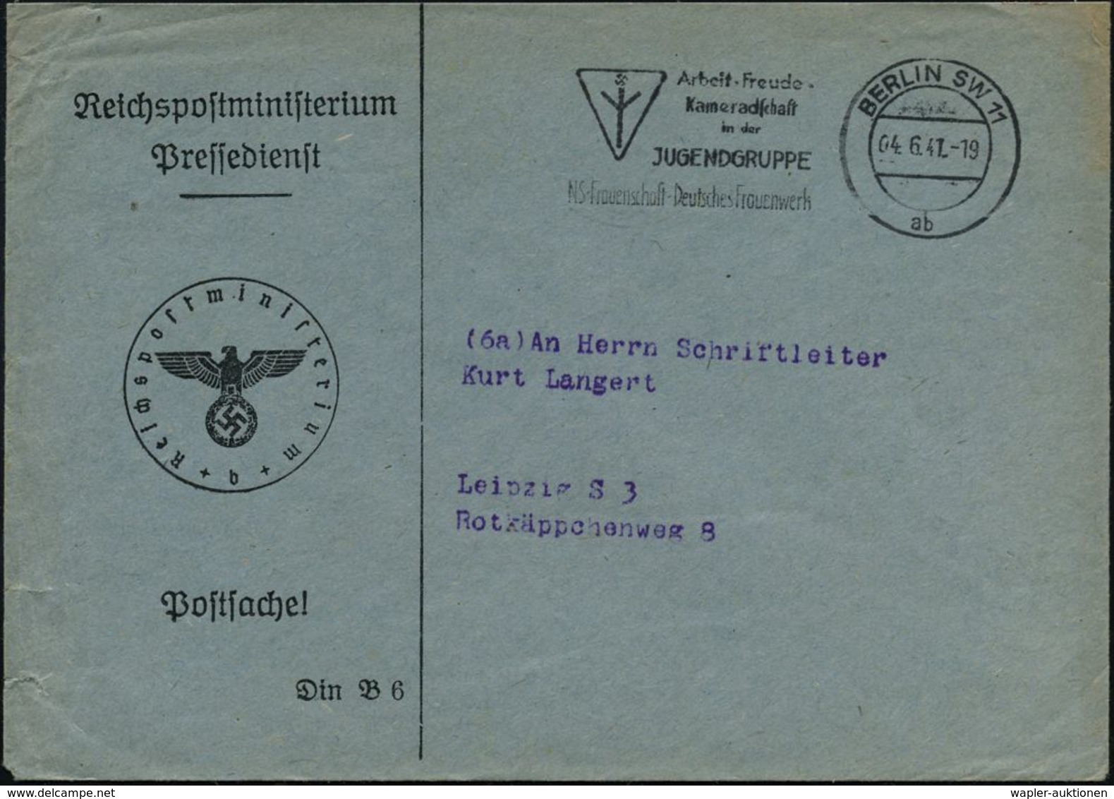 BERLIN SW11/ Ab/ ..JUGENDGRUPPE/ NS-Frauenschaft-Deutsches Frauenwerk 1941 (4.6.) Seltener MWSt = German. "Lebens"-Rune  - Autres & Non Classés