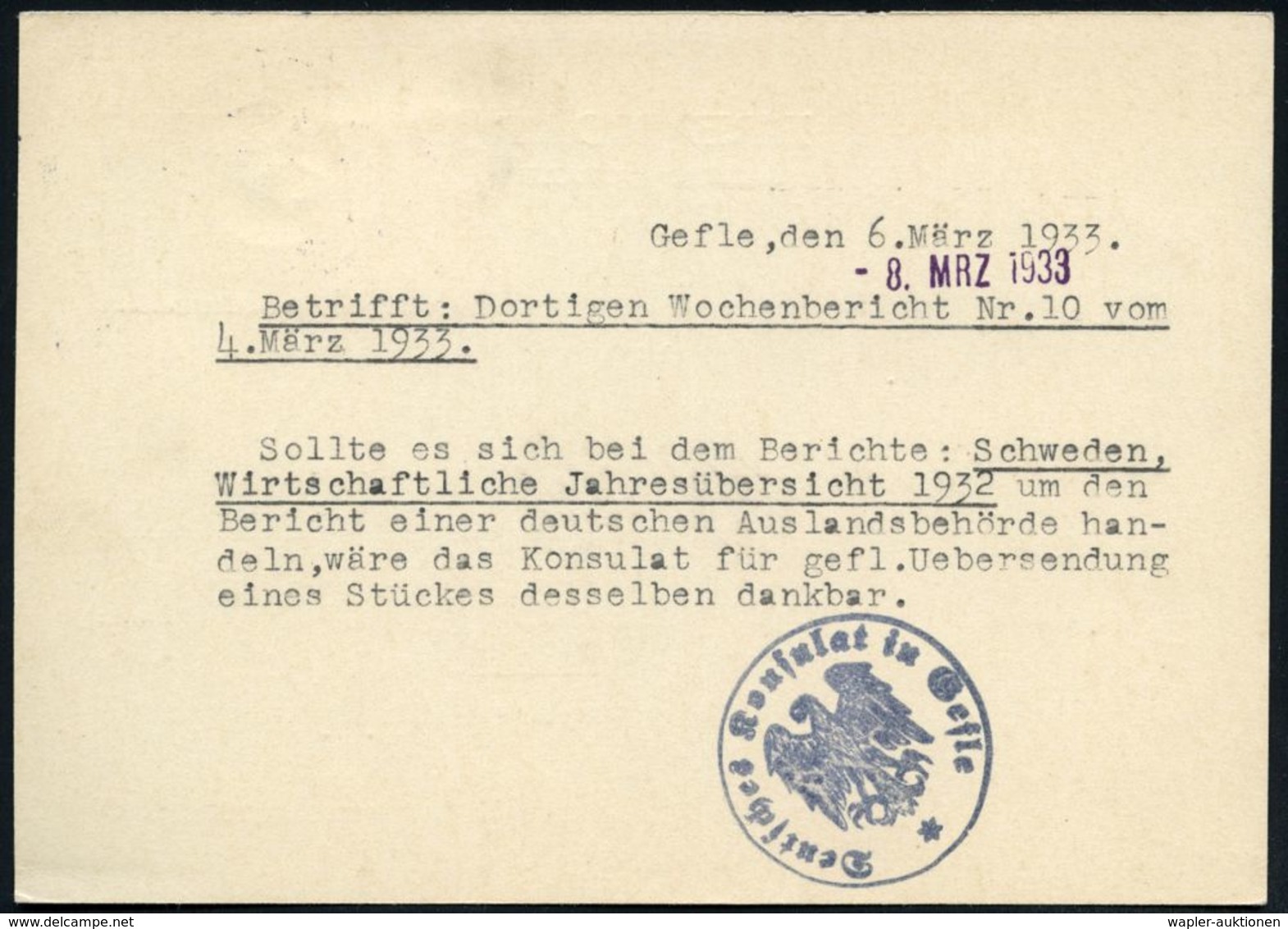 SCHWEDEN 1933 (6.3.) 2K-Steg: GEVLE 1/E/VG * LBR + HdN: Deutsches Konsulat In Gefle (alter Weimarer Adler!) Auf P 49 + Z - Autres & Non Classés