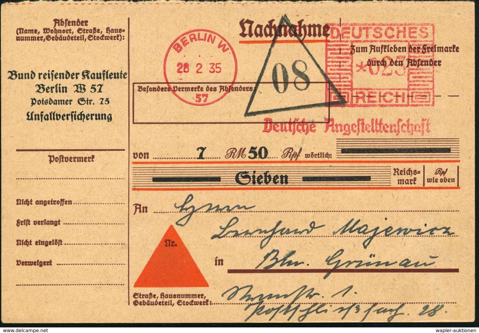 BERLIN W/ 57/ Deutsche Angestelltenschaft 1935 (28.2.) AFS 023 Pf. = Deutsche Arbeitsfront (alte DAF-Bezeichnung!) = Gle - Autres & Non Classés