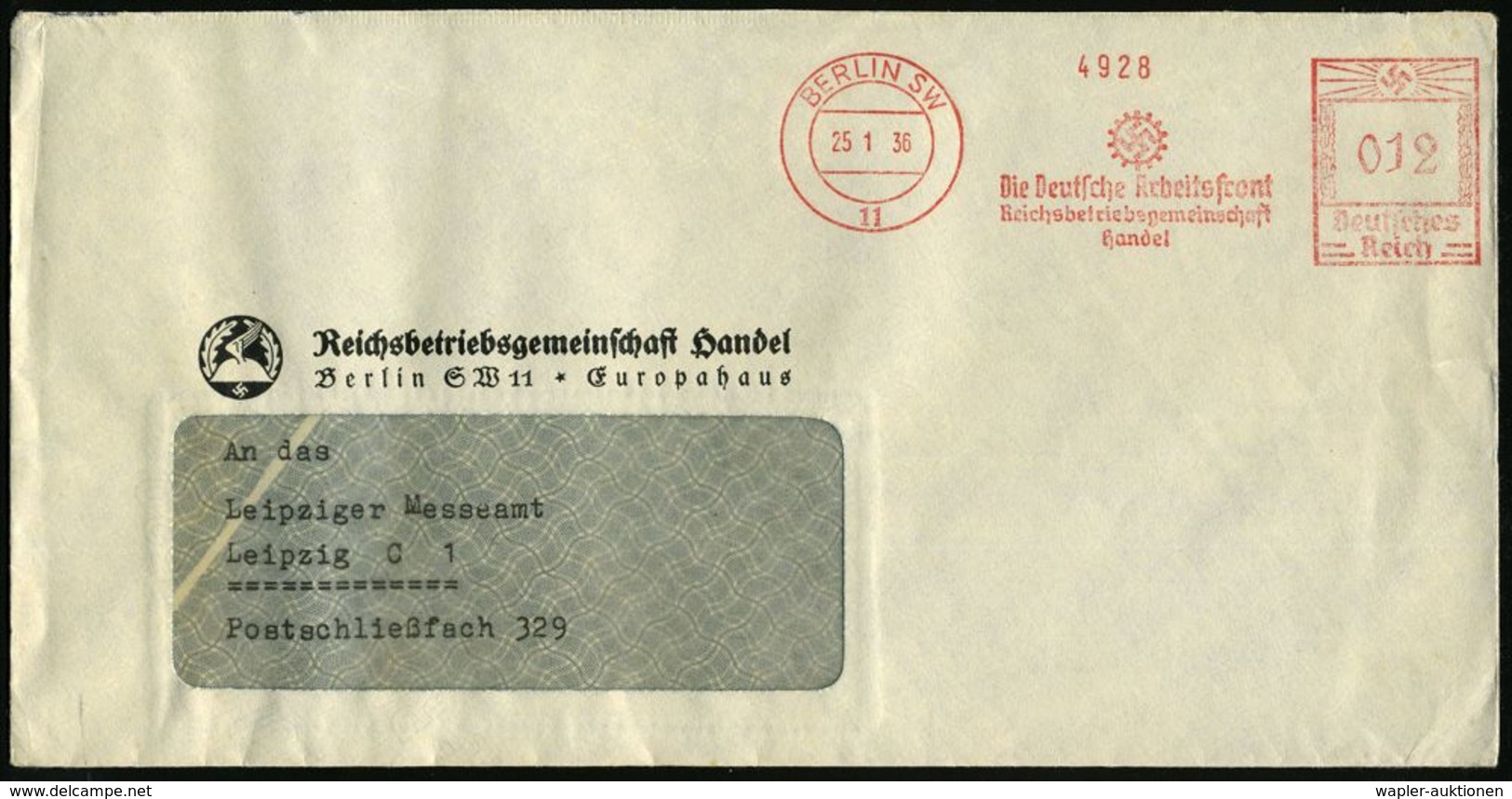 BERLIN SW/ 11/ Die Deutsche Arbeitsfront/ Reichsbetriebsgemeinschaft/ Handel 1936 (25.1.) AFS = DAF-Hakenkreuz.Logo Klar - Autres & Non Classés