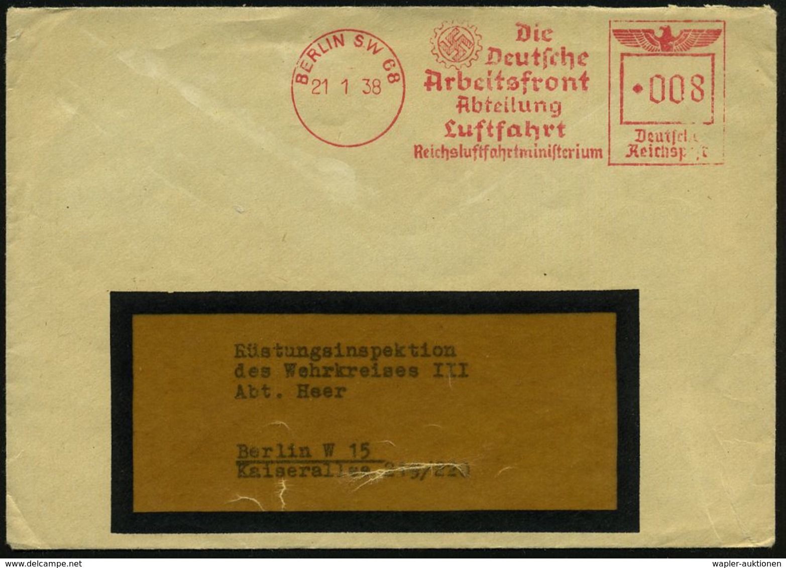 BERLIN SW 68/ Die/ Deutsche/ Arbeitsfront/ Abteilung/ Luftfahrt/ Reichsluftfahrtministerium 1938 (21.1.) Seltener AFS (D - Autres & Non Classés