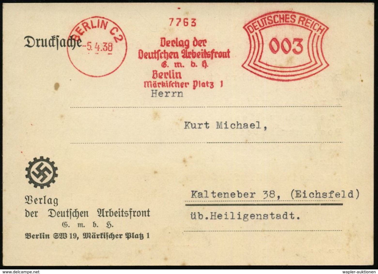 BERLIN C2/ Verlag Der/ Deutschen Arbeitsfront/ GmbH.. 1938 (5.4.) Seltener, Aptierter AFS = "SW 19" Aus Abs. Entfernt (d - Autres & Non Classés