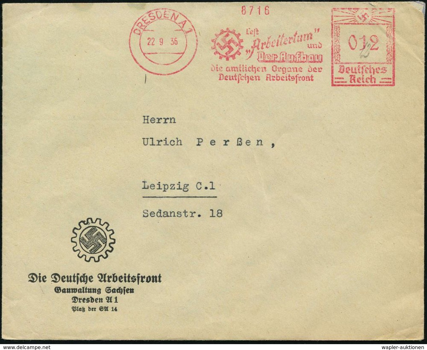 DRESDEN A1/ Lest/ "Arbeitertum"/ U./ Der Aufbau/ D.amtl.Organe Der/ Deutschen Arbeitsfront 1936 (22.9.) Seltener AFS (DA - Autres & Non Classés