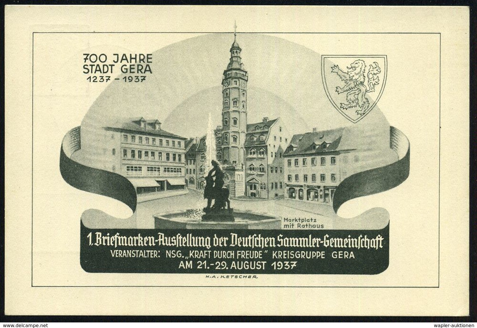 GERA/ 1.Briefmarken-Ausstellung/ Geposta.. 1937 (22.8.) SSt (Rathausturm) Auf Motiv-ähnlicher PP 3 Pf. Hindenbg.: 700 JA - Sonstige & Ohne Zuordnung