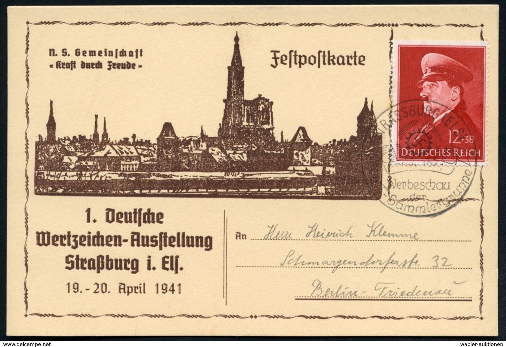 STRASSBURG (ELS)/ Werbeschau/ Der/ KdF-Sammlergemeinschaft 1941 (20.4.) SSt = K.d.F.-Logo Auf EF 12 + 38 Pf. Hitler-Gebu - Autres & Non Classés