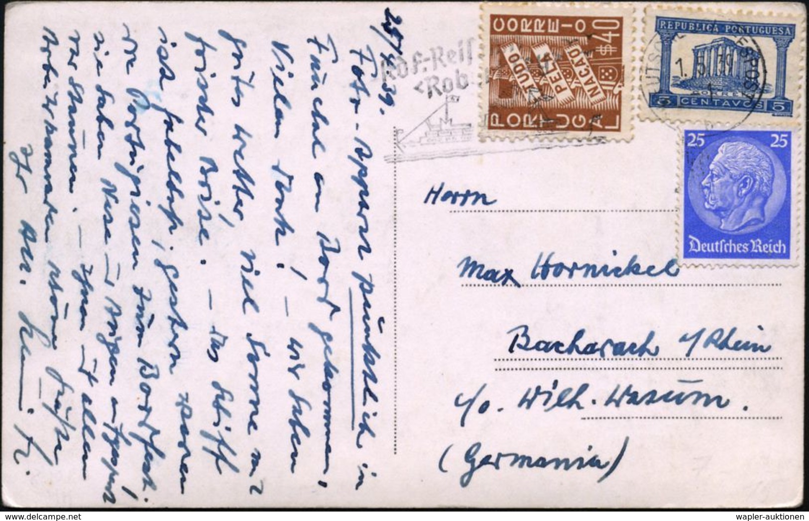 DEUTSCHES REICH /  PORTUGAL 1939 (1.5.) 1K-MWst.: DEUTSCHE SCHIFFSPOST/b/KdF.-Reise Mit/"Robert Ley" (Hamburg 14) A. MiF - Autres & Non Classés