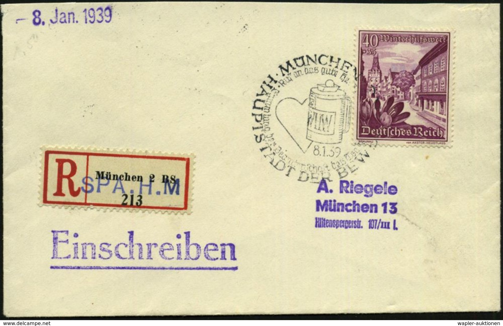 MÜNCHEN/ Ruf An Das Gute Herz/ WHW/ Sammlung Der Beamtenschaft../ HDB 1939 (8.1.) SSt = WHW-Sammelbüchse Auf EF 40 Pf. + - Autres & Non Classés