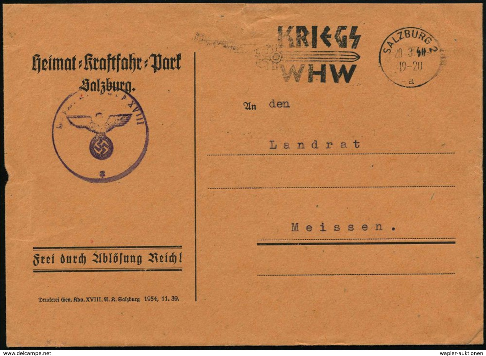 SALZBURG 2/ A/ KRIEGS/ WHW 1940 (20.3.) Seltener MWSt (Schwert) Auf Dienst-Bf.: Heimat-Kraftfahr-Park Salzburg/ FdAR (Bo - Autres & Non Classés