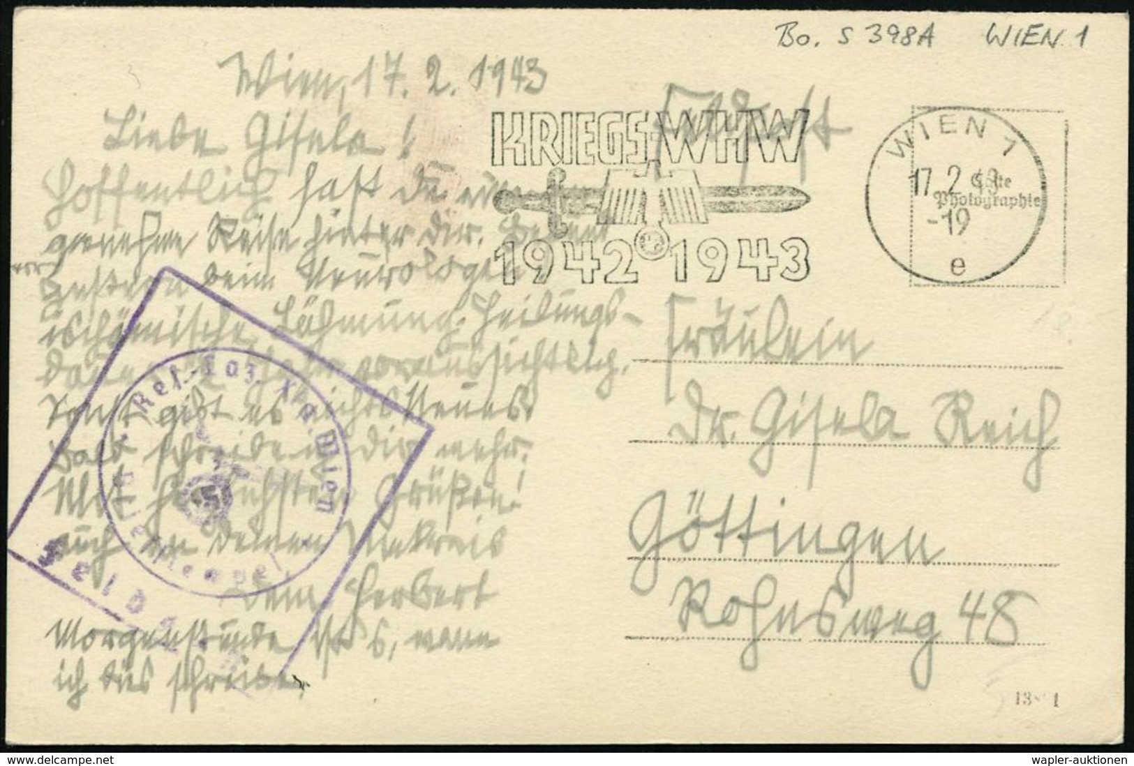 WIEN 1/ E/ KRIEGS-WHW.. 1943 (17.2.) Seltener MWSt = WHW-Logo (u. Schwert) + Viol.HdN: Res. Laz.(arett) XI A Wien, Feldp - Autres & Non Classés