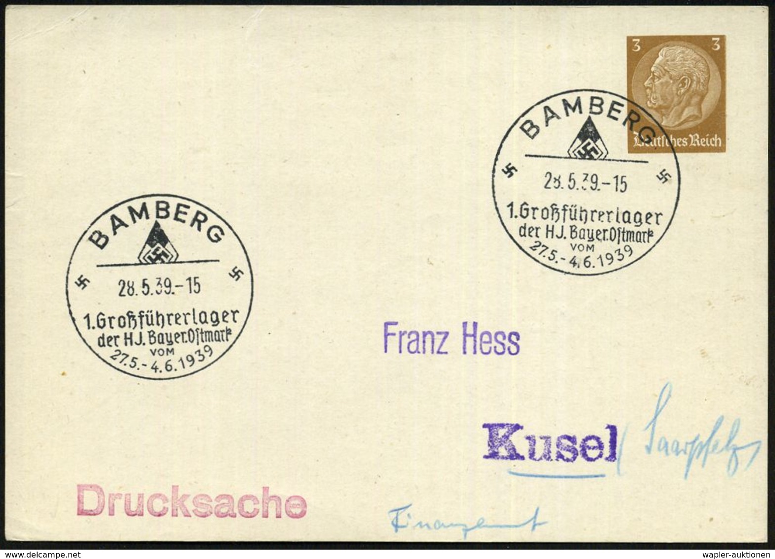 BAMBERG/ 1.Großführerlager/ Der HJ. Bayer.Ostmark 1939 (28.5.) SSt (HJ-Logo) Auf PP 3 Pf. Hindenbg. (blanco, Mi.PP 122/A - Autres & Non Classés