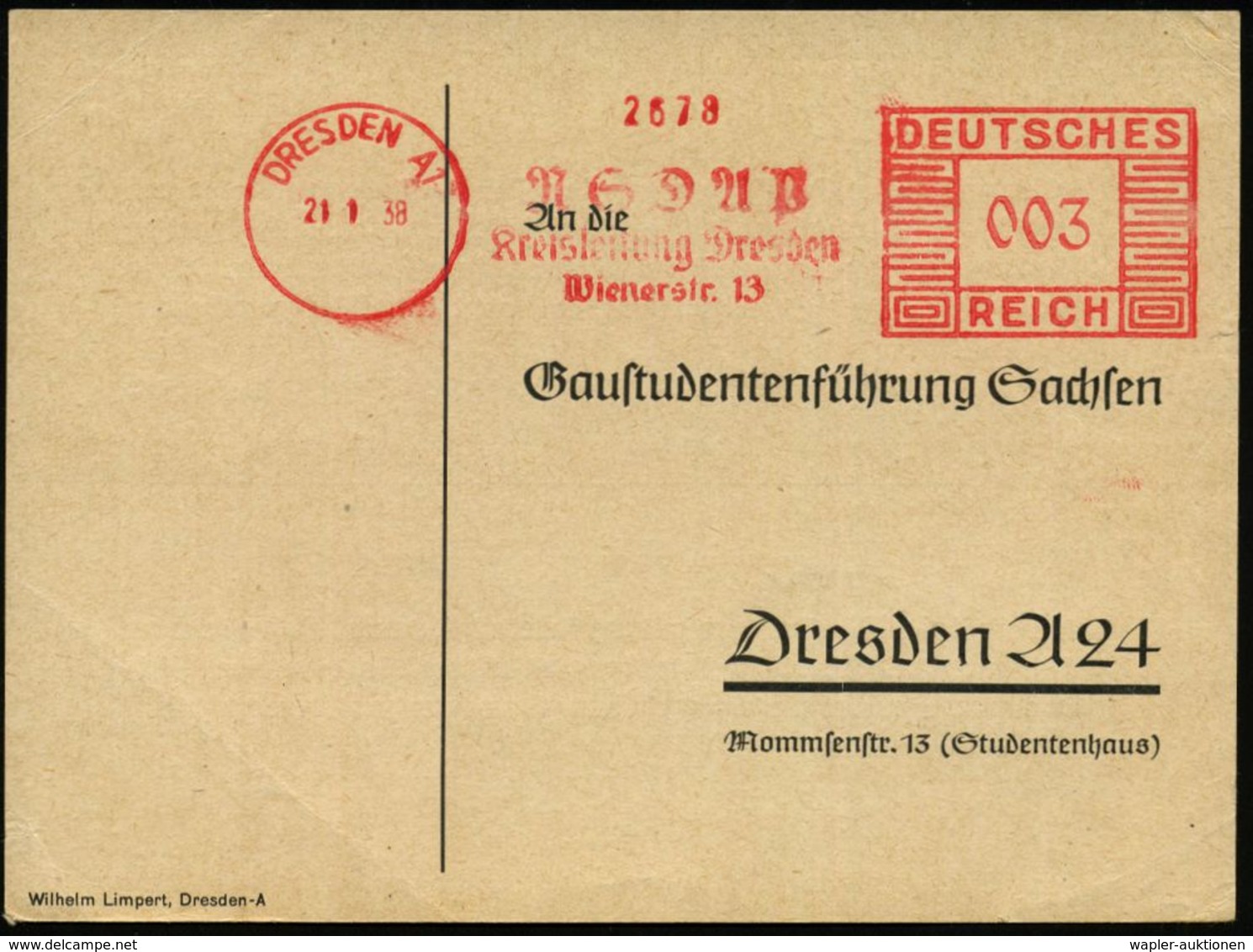 DRESDEN A1/ NSDAP/ Kreisleitung Dresden.. 1938 (21.1.) AFS, Alte Form Ohne Hakenkreuz Auf Dienst-Kt.: NS-Studenten-Großk - Otros & Sin Clasificación