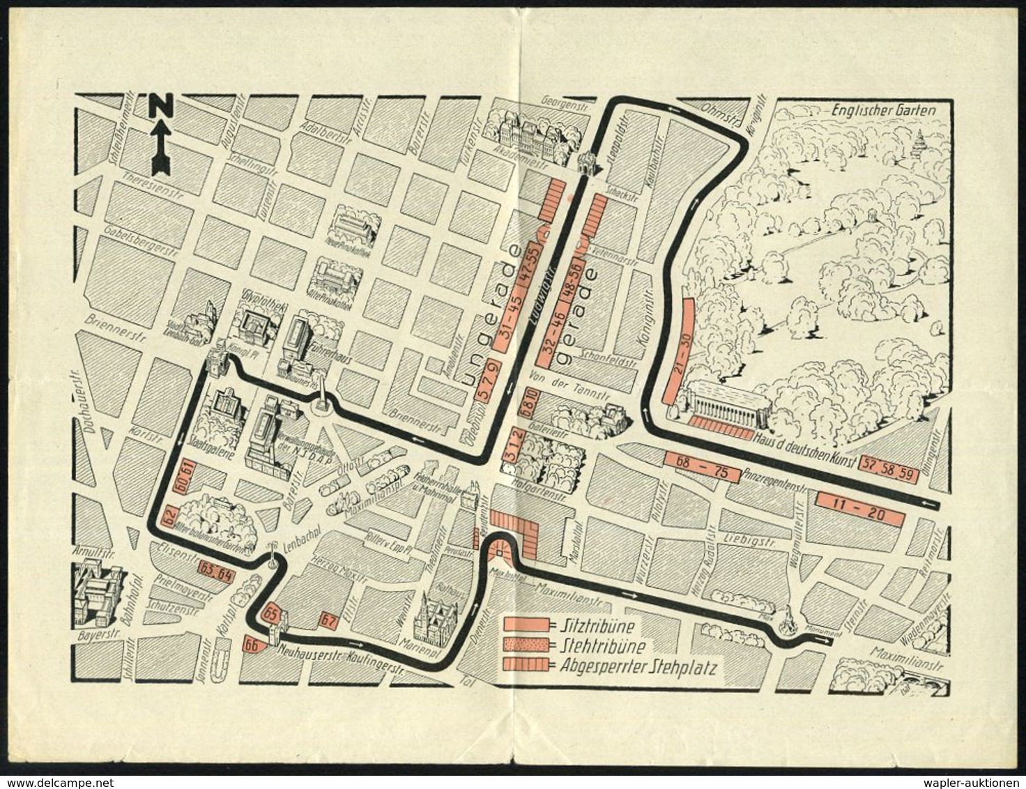 MÜNCHEN 1939 (März) Rot/schw. "Zutrittskarte" Kreistag Der NSDAP + Zentrums-Stadtplan Mit Marschroute (u. Tribünen-Plätz - Autres & Non Classés