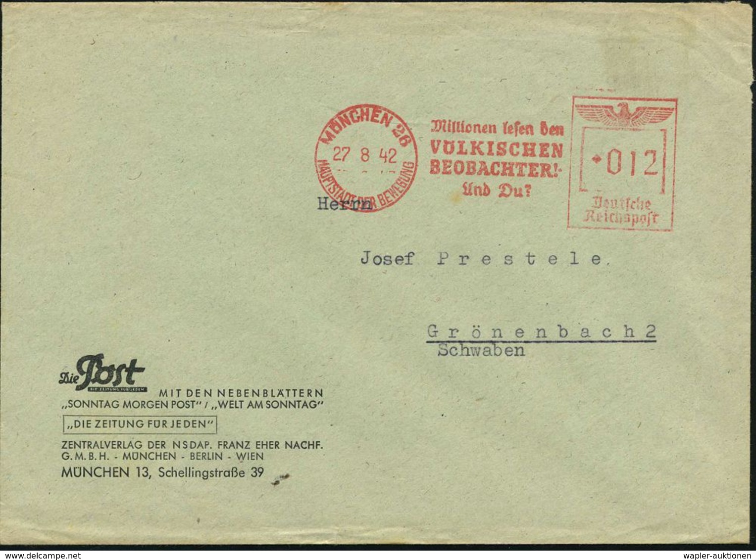 MÜNCHEN 26/ HDB/ Millionen Lesen Den/ VÖLKISCHEN/ BEOBACHTER/ Und Du? 1942 (27.8.) AFS Auf Firmen-Bf.: "Die Post".. "SON - Autres & Non Classés