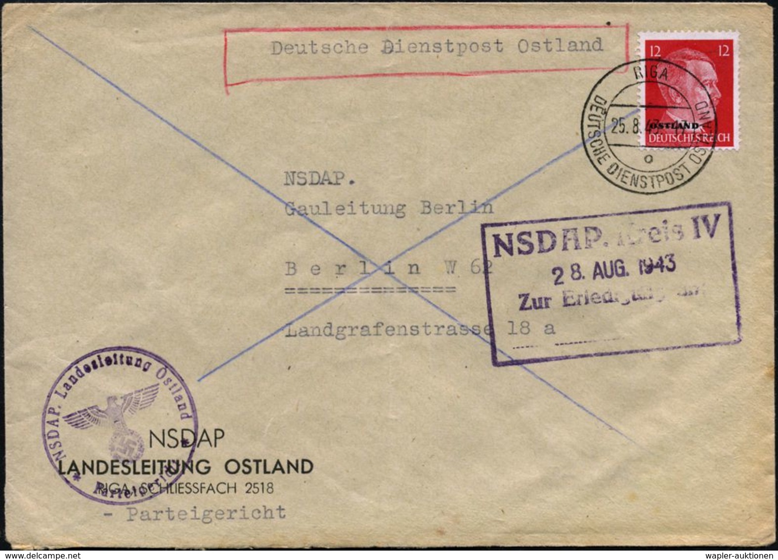 DT.BES.LETTLAND 1943 (25.8.) 2K-Steg: RIGA/o/DDP OSTLAND Auf EF 12 Pf. Hitler + Viol. 1K-HdN: NSDAP Landesleitung Ostlan - Autres & Non Classés