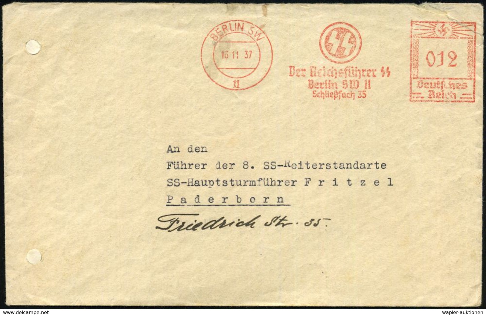 BERLIN SW 11/ S S/ Der Reichsführer SS/ Berlin SW 11/ Schließfach 35 1937 (16.11.) Seltener U. Gesuchter AFS = SS-Runen  - Autres & Non Classés