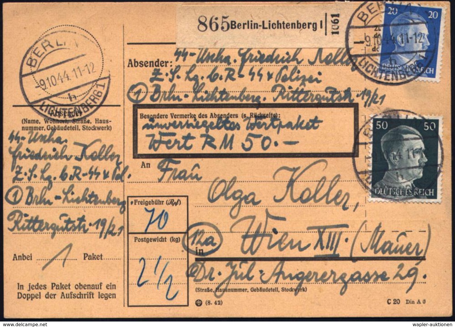BERLIN-/ LICHTENBERG/ H 1944 (9.10.) 1K-Brücke Auf Hitler 20 Pf. U. 50 Pf. , Hs. Abs. SS-Unterscharführer.. "Z.S. Lg. C. - Autres & Non Classés