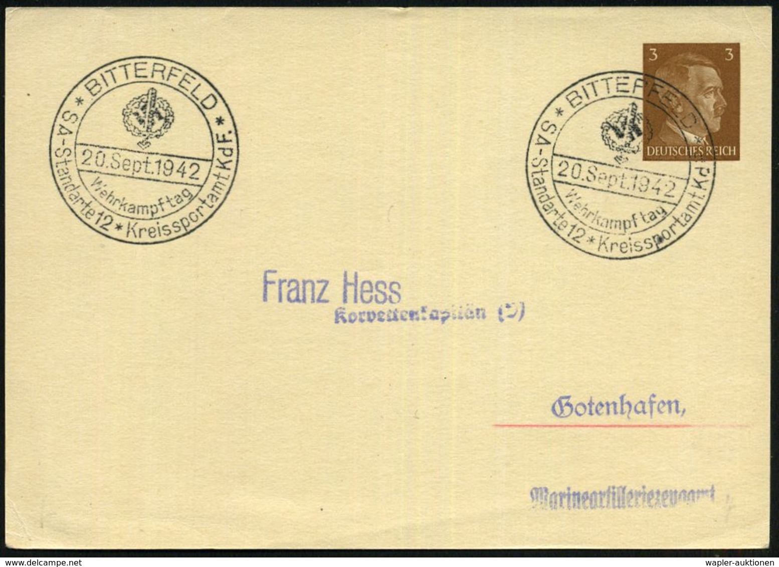 BITTERFELD/ Wehrkampftag/ SA-Standarte 12 Kreissportamt KdF 1942 (20.9.) SSt (NS-Abzeichen) Auf PP 3 Pf. Hitler, Braun ( - Autres & Non Classés