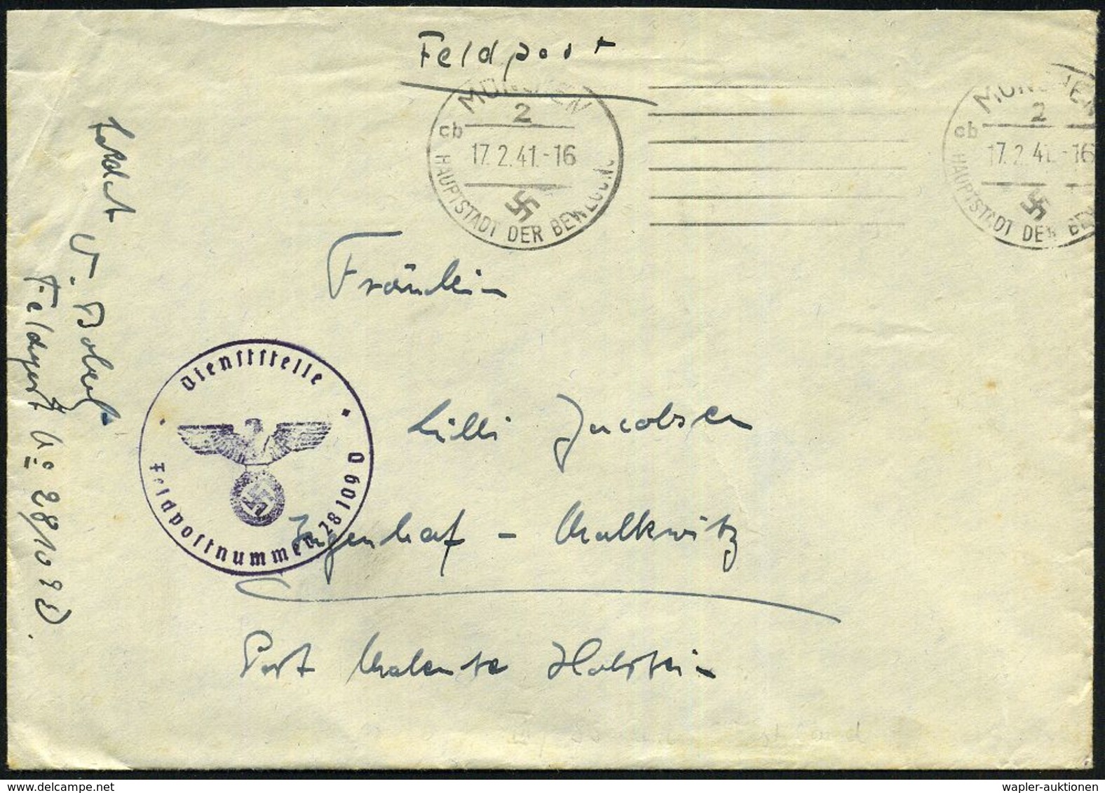 MÜNCHEN 2/ Cb/ HDB 1941 (17.2.) Bd.MaSt + Viol. 1K-HdN: Feldpostnr. 28 109 D =  S S - Rgt. "Westland" + Hs. Abs., Klar G - Autres & Non Classés