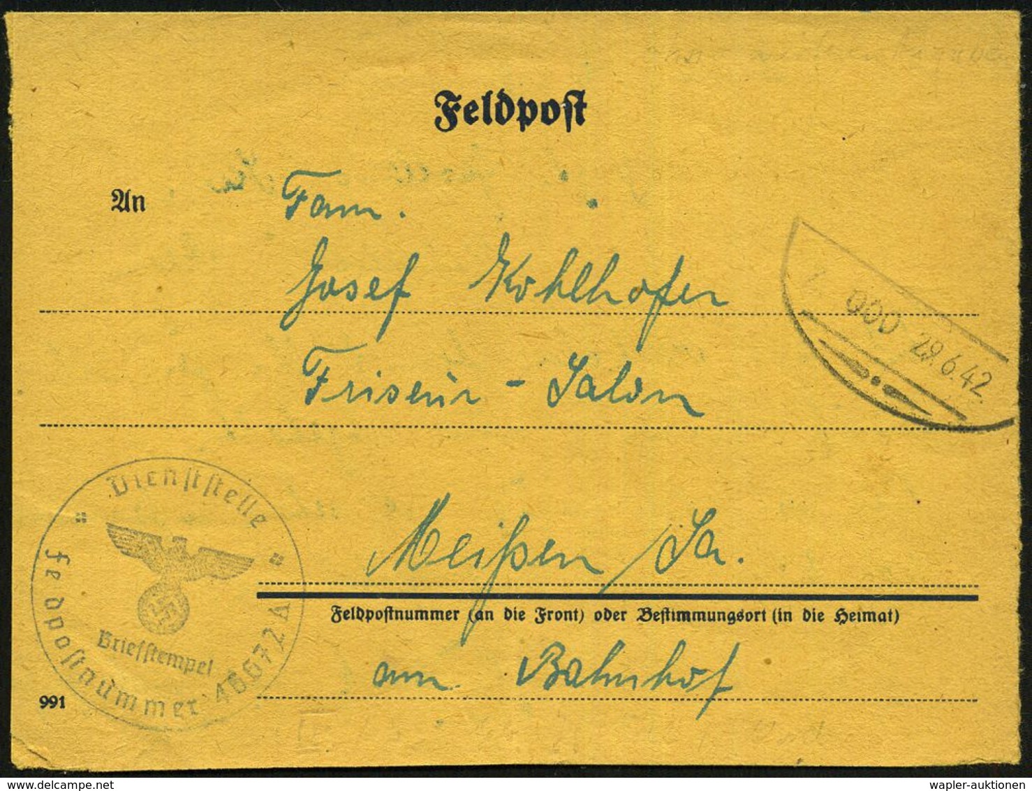 DEUTSCHES REICH 1942 (29.6.) Stummer Bahn-Oval = Tarnstempel (oberer Teil Entfernt) + Viol. 1K-HdN: Feldpostnr. 46672 =  - Otros & Sin Clasificación