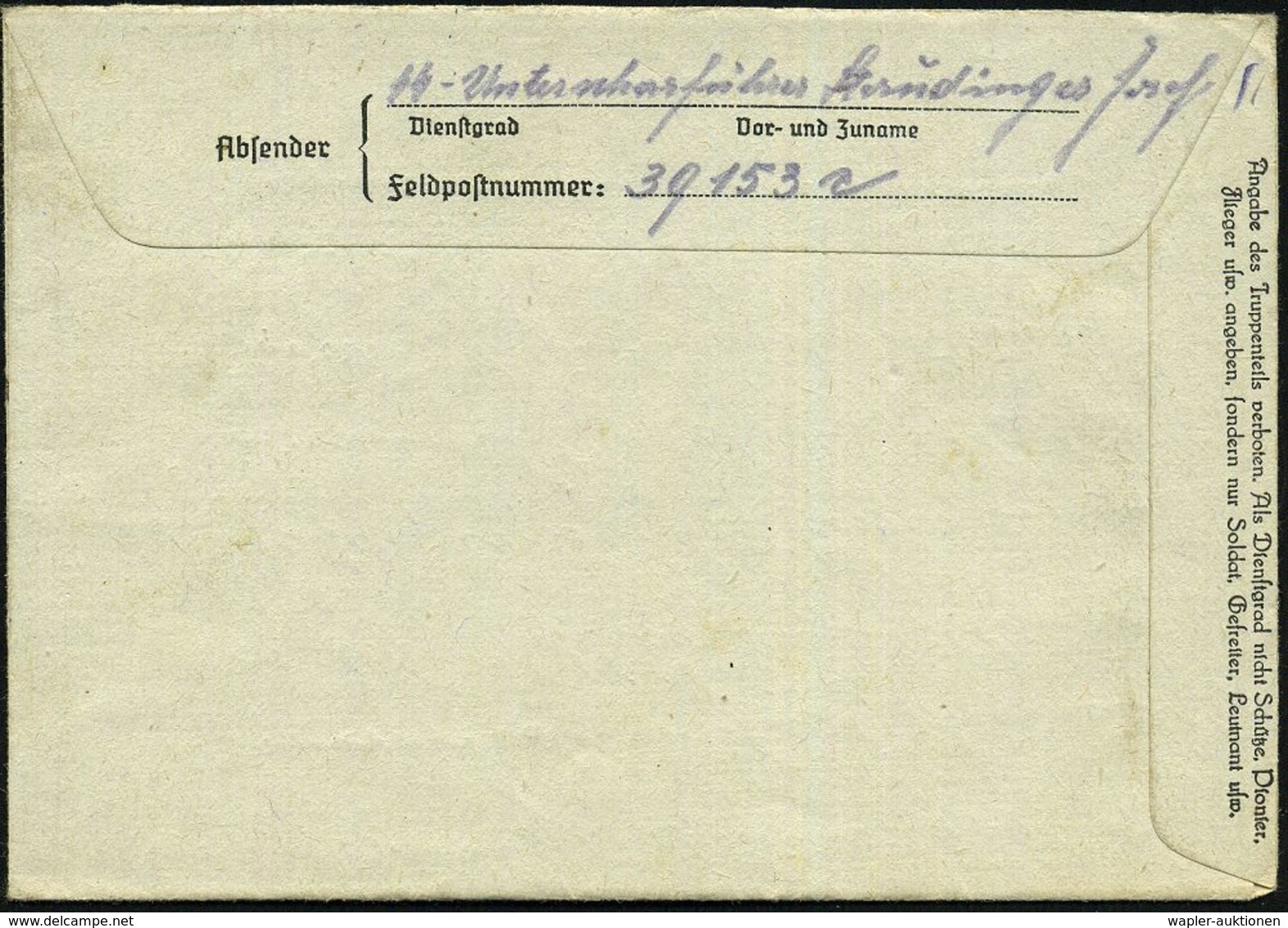 DEUTSCHES REICH 1944 (31.1.) 1K: FELDPOST/e/--- + Rs. Hs. Abs.: SS-Unterscharführer.. Feldpost-Nr. 39 153 =  S S - Inf.- - Altri & Non Classificati