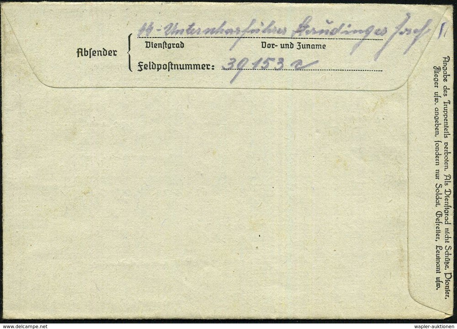 DEUTSCHES REICH 1944 (31.1.) 1K: FELDPOST/e/--- + Rs. Hs. Abs.: SS-Unterscharführer.. Feldpost-Nr. 39 153 =  S S - Inf.- - Autres & Non Classés