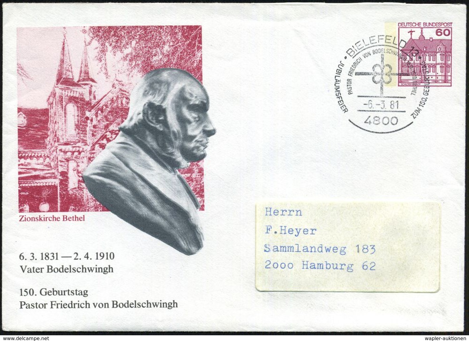 4800 BIELEFELD 12/ PASTOR FRIEDR.V.BODELSCHWINGH.. 1981 (6.3.) SSt Auf PU 60 Pf. Burgen: Zionskirche Bethel Friedr. V. B - Autres & Non Classés