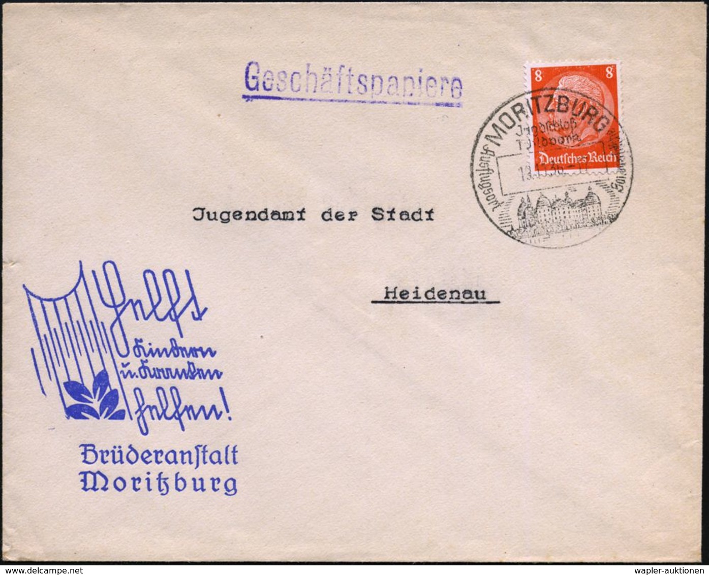 MORITZBURG/ Jagdschloß/ Wildpark.. 1936 (19.11.) HWSt (Jagdschloß Moritzburg) Auf Reklame-Bf.: Helft Kindern U. Kranken  - Autres & Non Classés