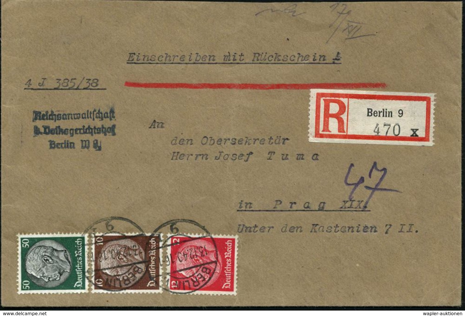 BERLIN W/ 9/ P 1940 (13.12.) 1K-Brücke 2x Auf Dreifarben-Frankatur 10 Pf., 12 Pf. U. 50 Pf. Hindenburg + RZ: Berlin 9/x  - Autres & Non Classés