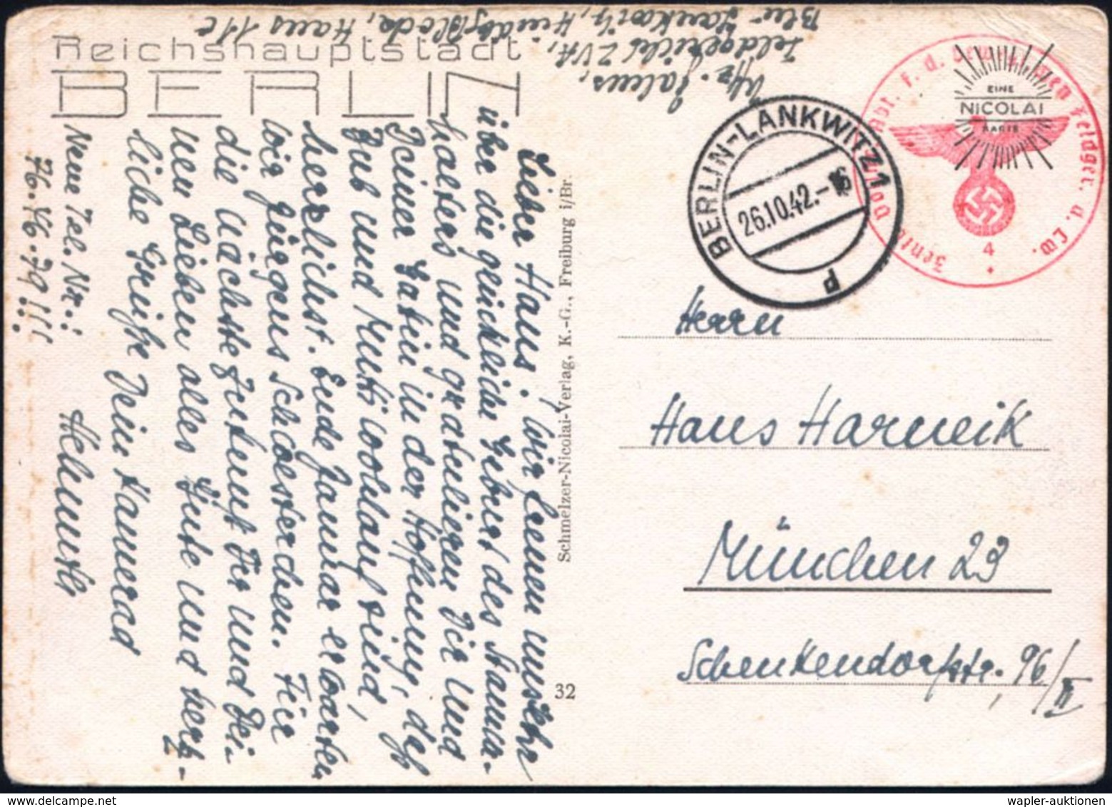 BERLIN-LANKWITZ 1/ D 1942 (26.10.) 2K-Steg + Roter 1K-HdN: Zentr. Vollstr. Abt. F.d. Beweglichen Feldger.(rich) D.Lw./4  - Autres & Non Classés