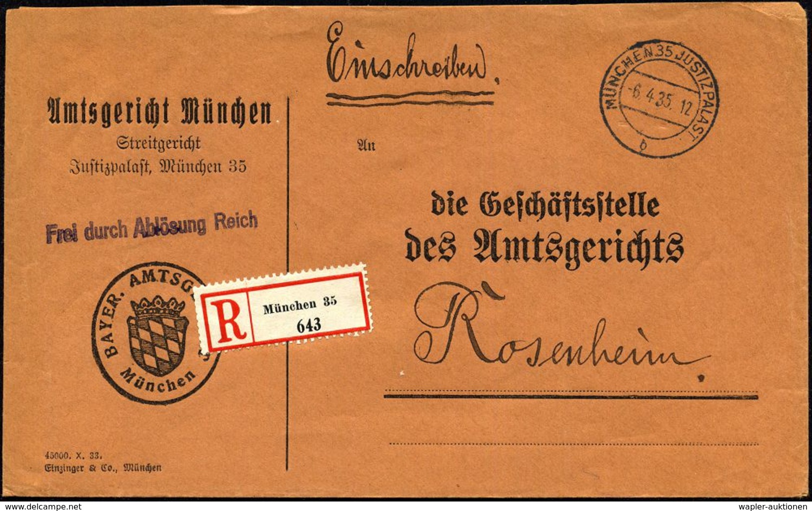 MÜNCHEN 35  J U S T I Z P A L A S T / B 1935 (6.4.) 2K-Steg = Hauspostamt Justizpalast + Viol. 1L: Frei Durch Ablösung R - Sonstige & Ohne Zuordnung