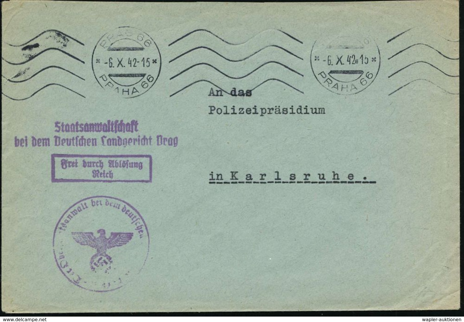 BÖHMEN & MÄHREN 1942 (6.10.) BdMaSt.: PRAG 66/PRAHA 66 + Viol. 2L: Staatsanwaltschaft/bei Dem Deutschen Land-gericht Pra - Autres & Non Classés