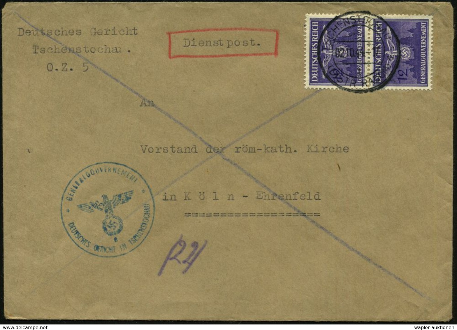 GENERALGOUVERNEMENT 1944 (2.10.) 12 Gr. Dienst, Reine MeF: Paar, 2K: TSCHENSTOCHAU/(DISTR. KRAKAU) + Blauer HdN: DEUTSCH - Autres & Non Classés