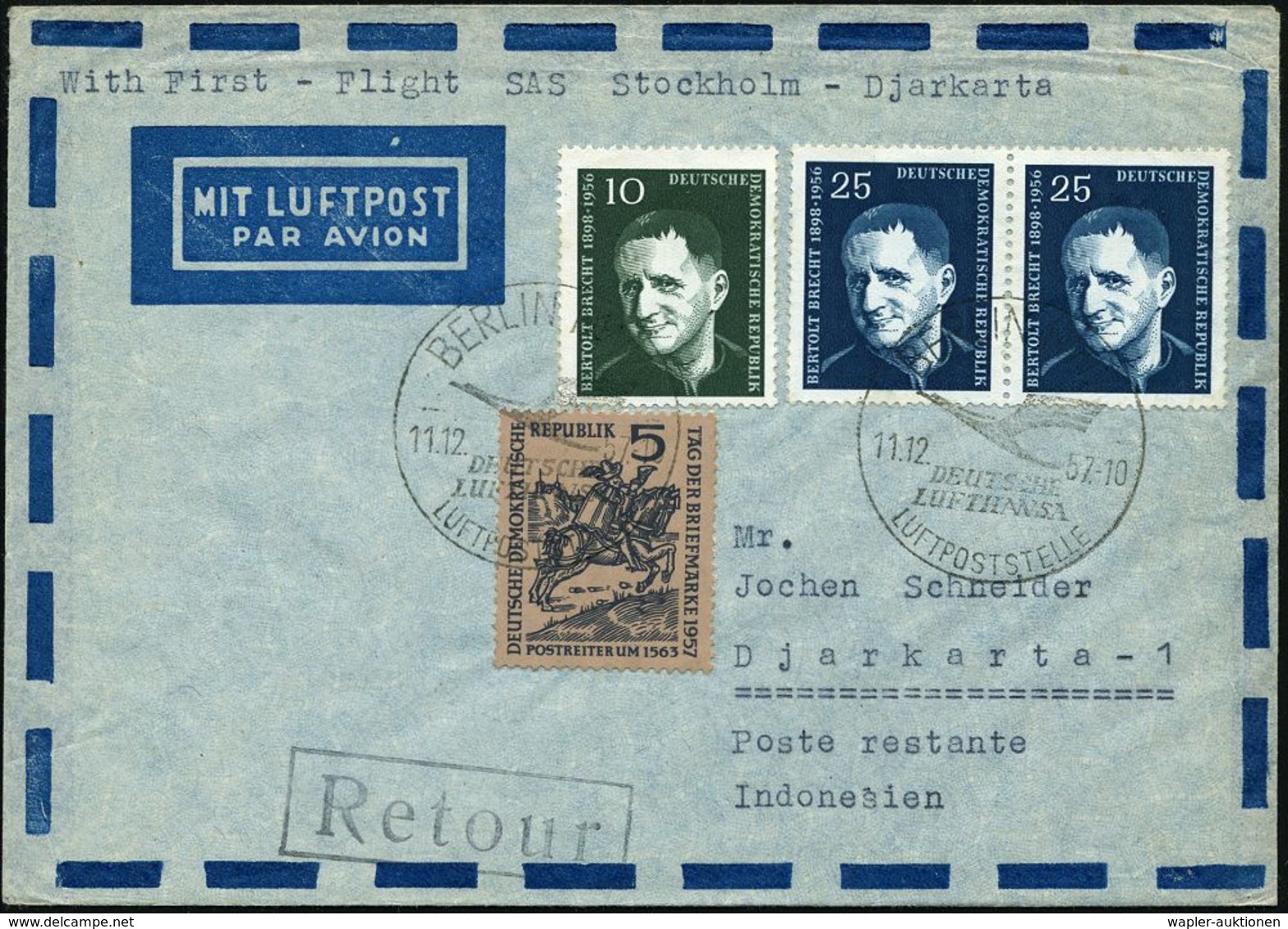 D.D.R. 1957 (11.12.) Brecht 10 Pf. U. Paar 25 Pf. = überkompl. Satz + 5 Pf. TdB, HWSt.: BERLIN NW 7/DEUTSCHE/ LUFTHANSA/ - Sonstige & Ohne Zuordnung