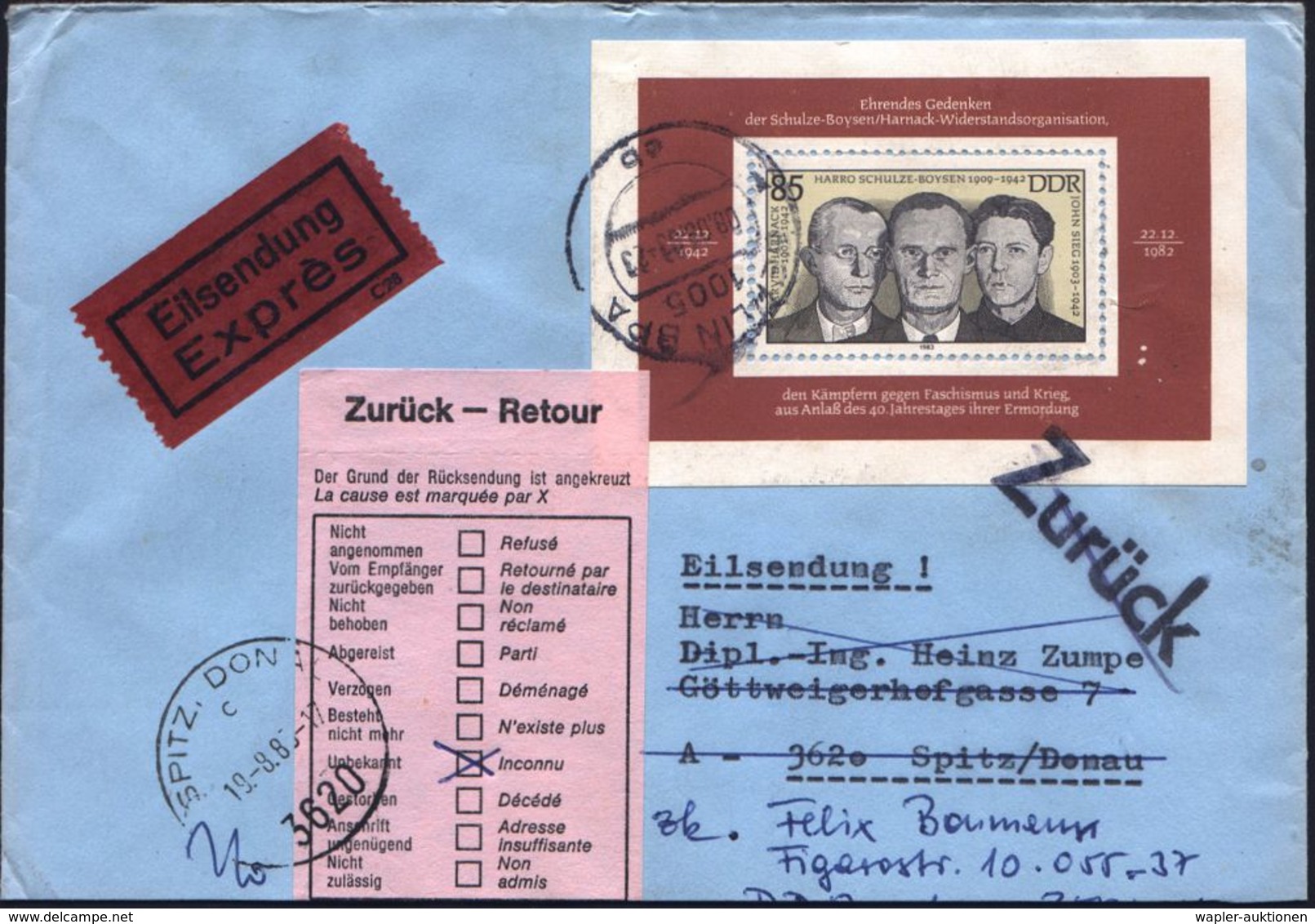 D.D.R. 1983 (8.8.) 85 Pf. Antifaschisten Harnack, Schultze-Boysen, Sieg  ="Rote Kapelle", Block EF + Rosa "Zurück"-Label - Otros & Sin Clasificación