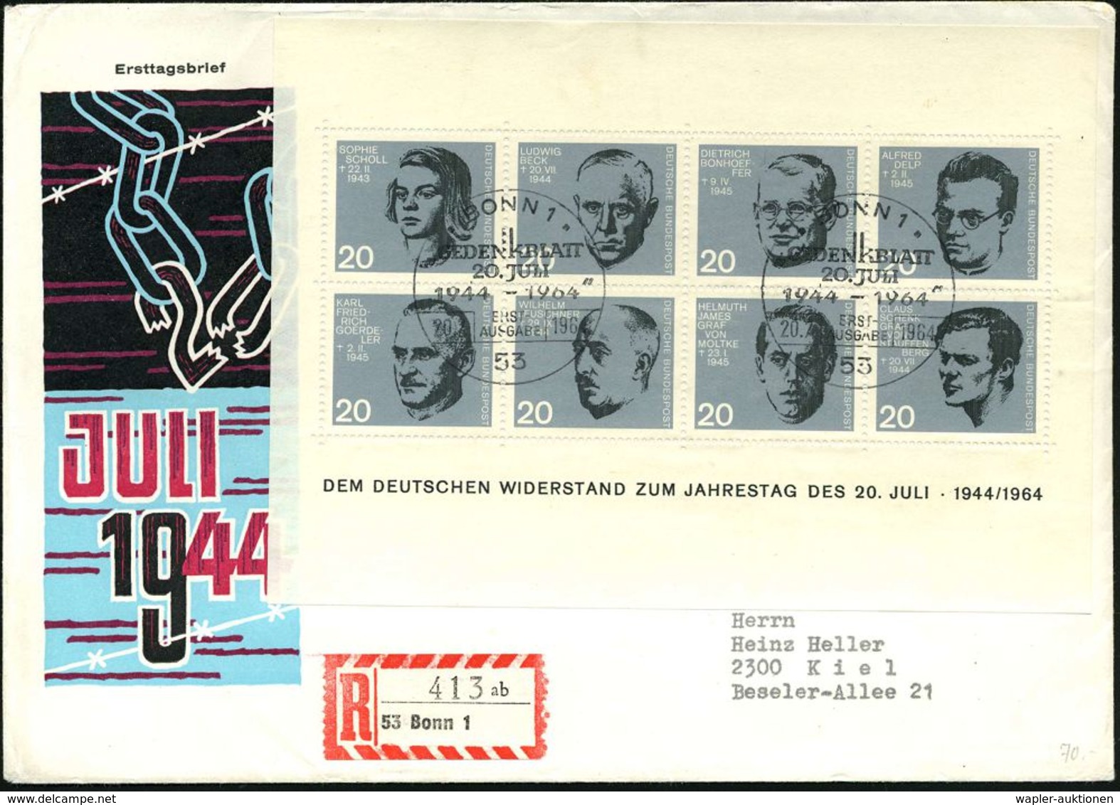 B.R.D. 1964 (20.7.) Widerstandskämpfer, Kompl.Block , EF + ET-SSt (BONN 1) + RZ: 53 Bonn 1/ab, Inl.-R-FDC-SU.!  (Mi.BL.3 - Autres & Non Classés