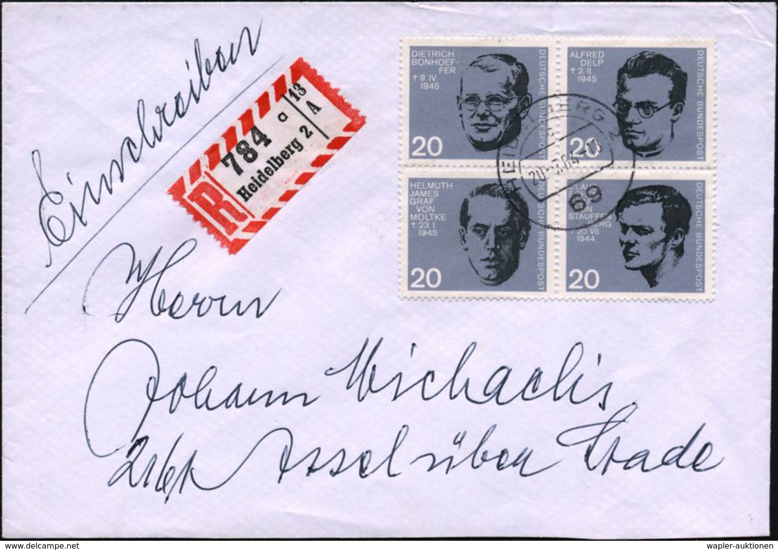 B.R.D. 1964 (20.7.) Widerstandskämpfer 20 Pf. Bonhoeffer + 20 Pf. Delp + 20 Pf. Moltke + 20 Pf. V. Stauffenberg, Zus.-Dr - Autres & Non Classés