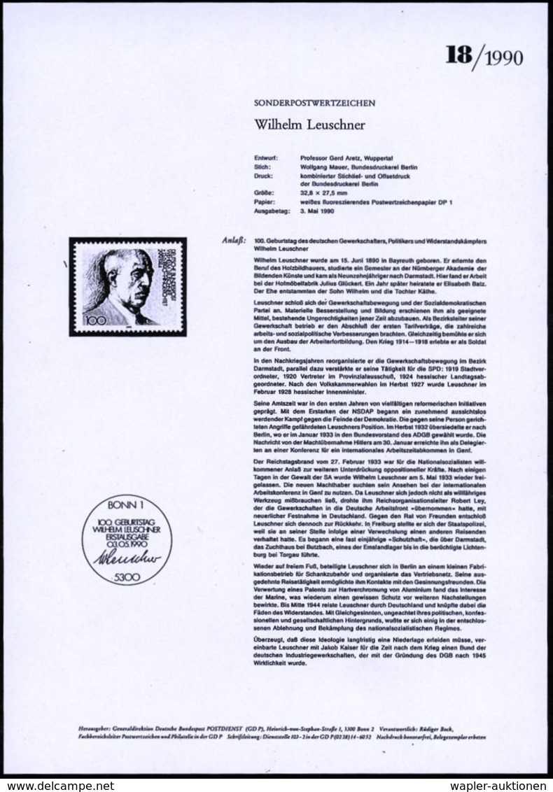 B.R.D. 1990 (Mai) 100 Pf. "100. Geburtstag Wilh. Leuschner" + Amtl. Handstempel  "M U S T E R" , Postfr. + Amtl. Ankündi - Autres & Non Classés