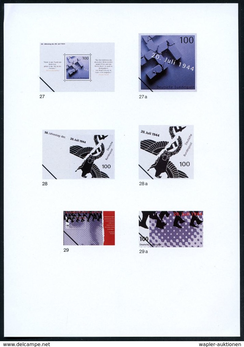 B.R.D. 1994 (Mai) 100 Pf. Block "50. Jahrestag 20.Juli 1944", 59 verschied. Color-Entwürfe der Bundesdruckerei auf 8 Ent