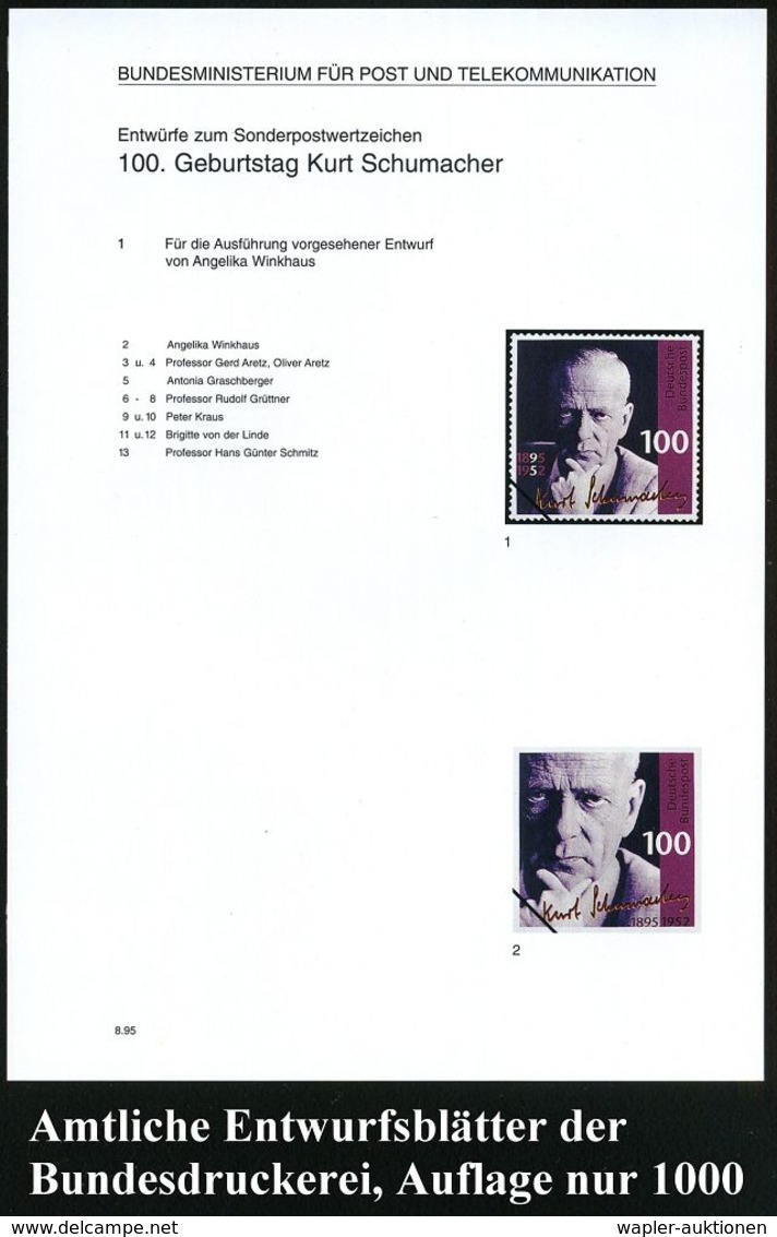 B.R.D. 1995 (Aug.) 100 Pf. "100. Geburtstag Kurt Schumacher", 13 Verschied. Color-Alternativ-Entwürfe D. Bundesdruckerei - Autres & Non Classés