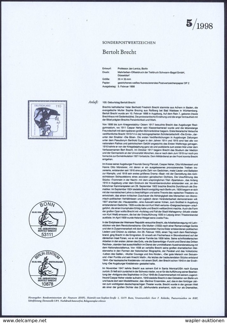 B.R.D. 1998 (Feb.) 110 Pf. "100. Geburtstag Bertolt Brecht" + Amtl. Handstempel  "M U S T E R"  , Postfr. + Amtl. Ankünd - Autres & Non Classés