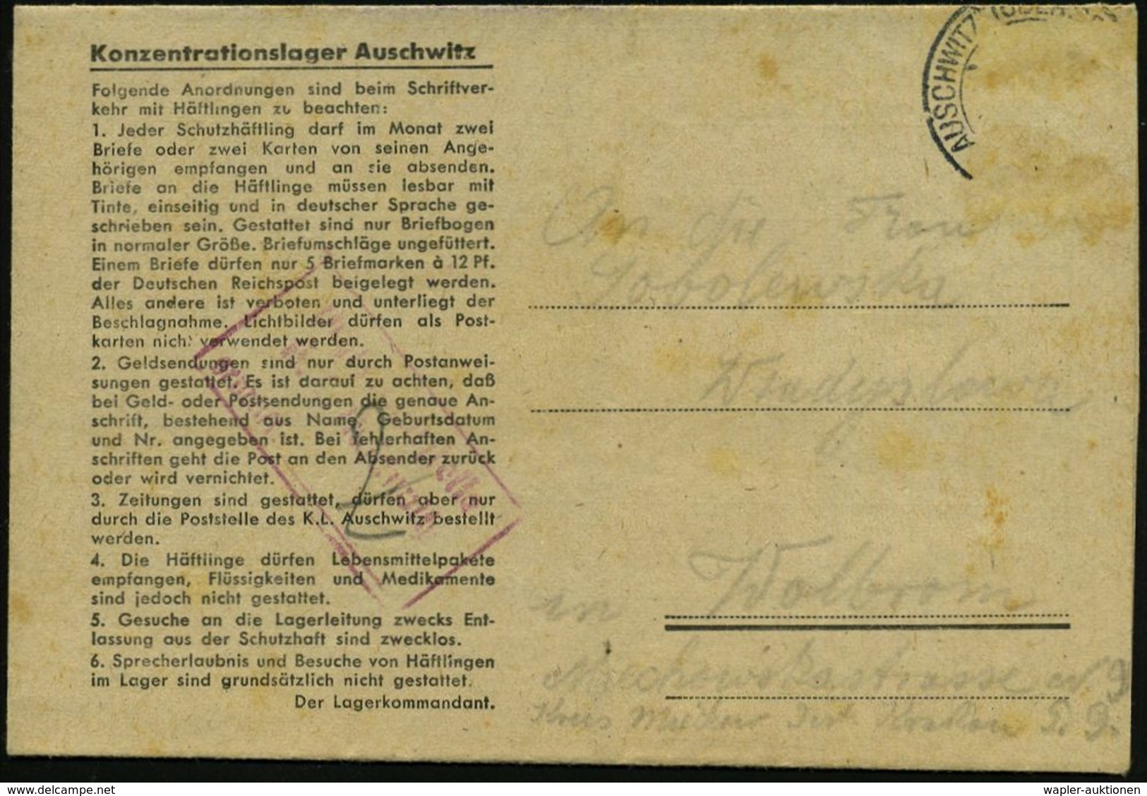 AUSCHWITZ (OBERSCHLES) 1944 (5.3.) Grauweißer Vordr.-Faltbf.: Konzentrationslager Auschwitz Mit 6 Bestimmungen Der Lager - Otros & Sin Clasificación
