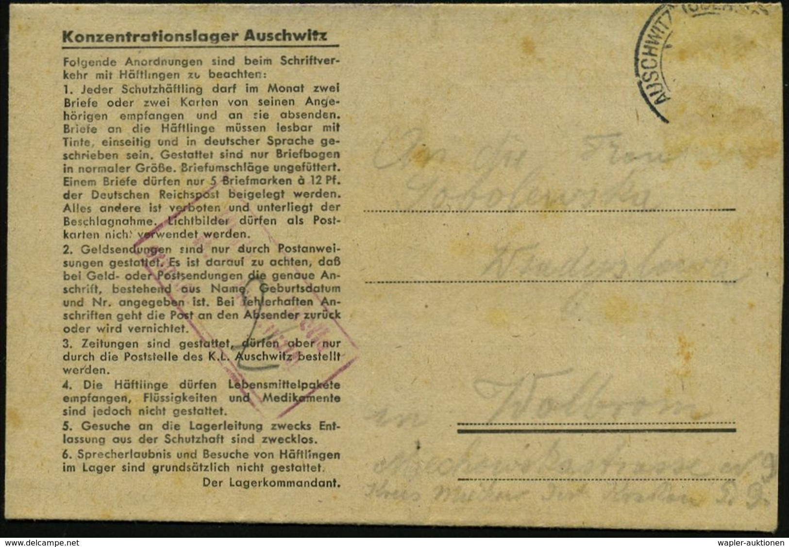 AUSCHWITZ (OBERSCHLES) 1944 (5.3.) Grauweißer Vordr.-Faltbf.: Konzentrationslager Auschwitz Mit 6 Bestimmungen Der Lager - Autres & Non Classés